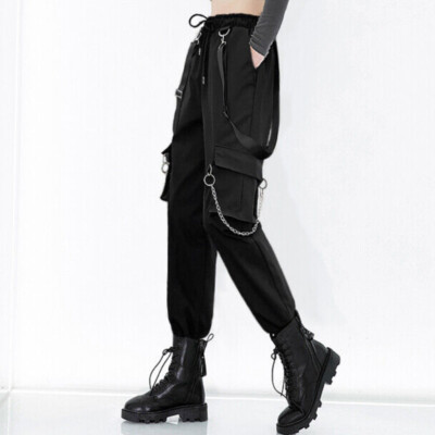Pantalones de Cargo cadena de metal bolsillos pantalones cónicos hip hop negro | eBay