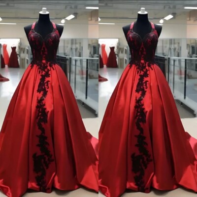 Gothic Black Red Wedding Dresses Sleeveless Halter Neck Lace Satin Bridal Gowns
