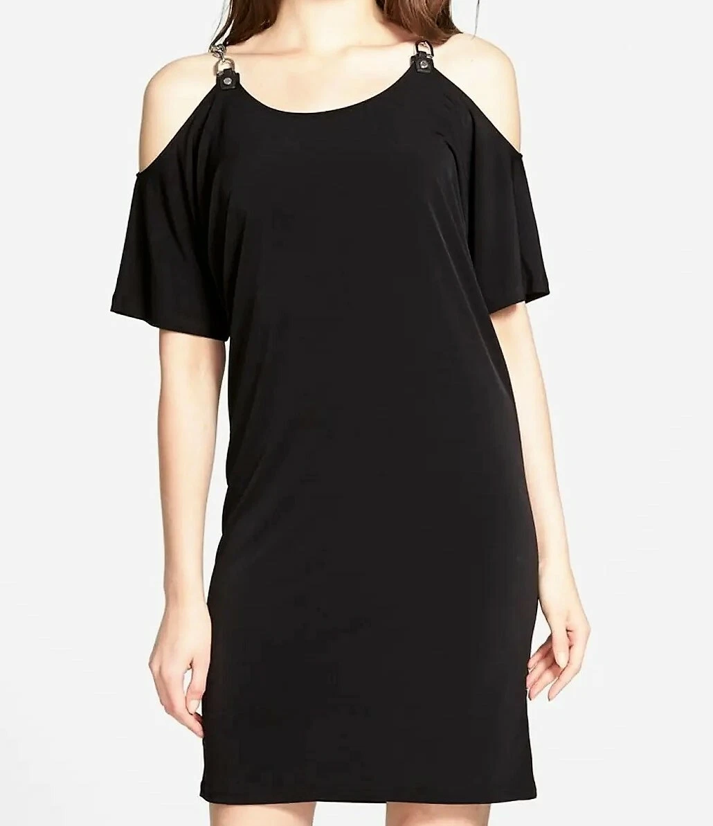 Abito tubino nuovo con etichette $120 Michael Kors cinturino catena spalle fredde nero XS