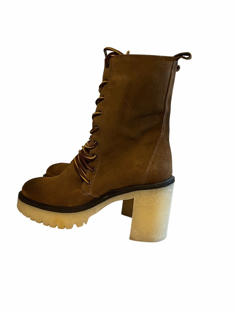 Free People Dylan Lace Up Boots Platform Brown Suede Crepe Sole US