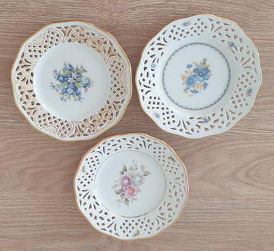 3tlg Schumann Arzberg Durchbruchteller Set Blumen Goldrand Zierteller Vintage