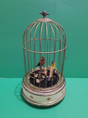 Antique Brass Bird Cage Windup Music Box Automaton Two Birds Moves But No Sing.