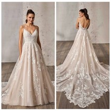 Floral Lace Wedding Dress Bridal Gown 32-60 Strappy Tailored Champagne