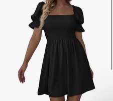 Black Smocked Puff Sleeve Ruffle A-Line Mini Dress Size M