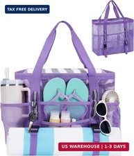 WANDF Mesh Beach Bag for Women, Large Beach Tote Bags with 40oz Tumbler Side Poc