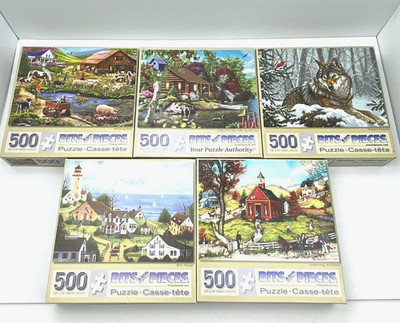 Lot of 5 Bits and Pieces Puzzle 500 pieces Cabin Schoolhouse Watering Hole Wolf