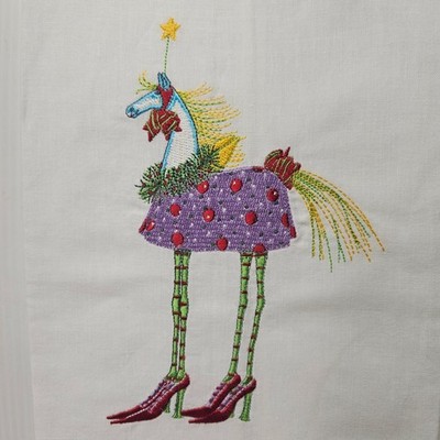 Patience Brewster Krinkles Christmas Horse Embroidered Holiday Tea Towel NWOT