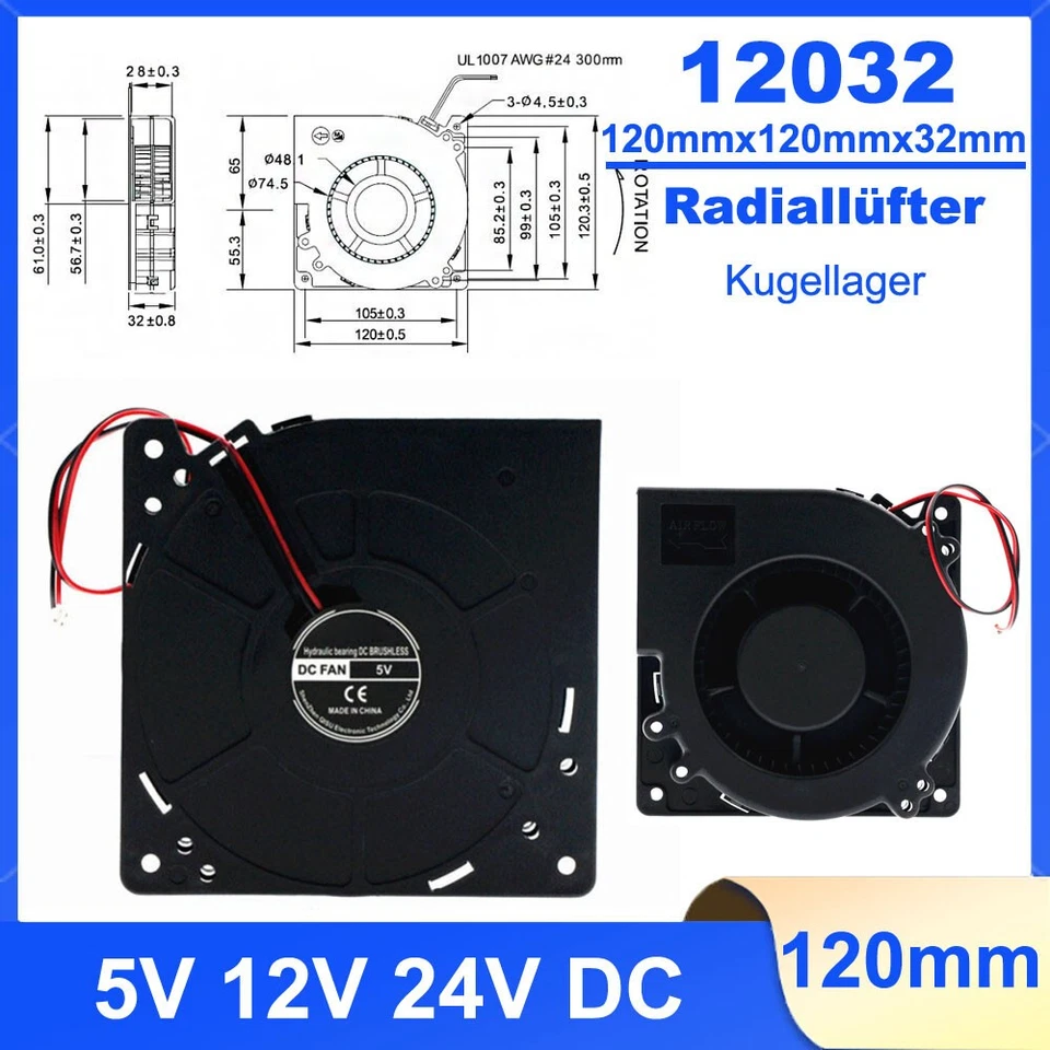 12032 120mm Radiallüfter 5V 12V 24VDC Radial Fan Regelbar Ausgewuchteter Lüfter - Bild 2 von 4