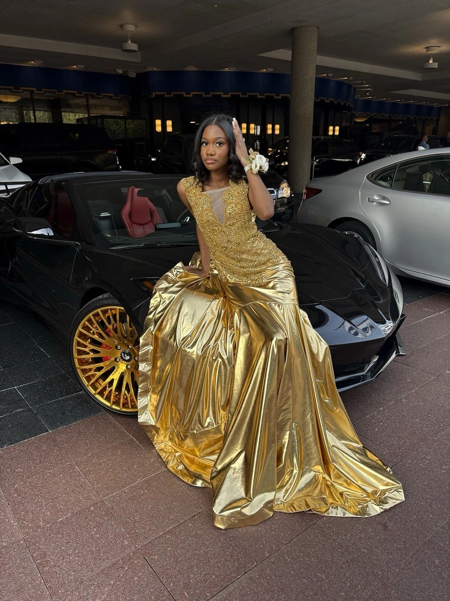slim fit dress slacks V-Neck Bodycon Sleeveless Beaded Tulle Gold Long Prom Dress Gold / 10 main image 0