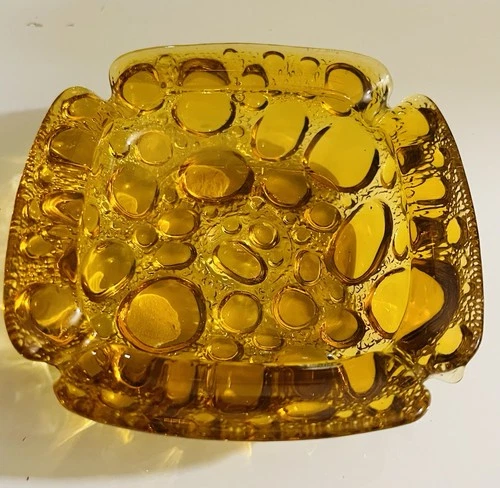 Vintage Blenko Or Libbey Bubble Glass Ashtray Amber 60s 4” Pebble Libbey