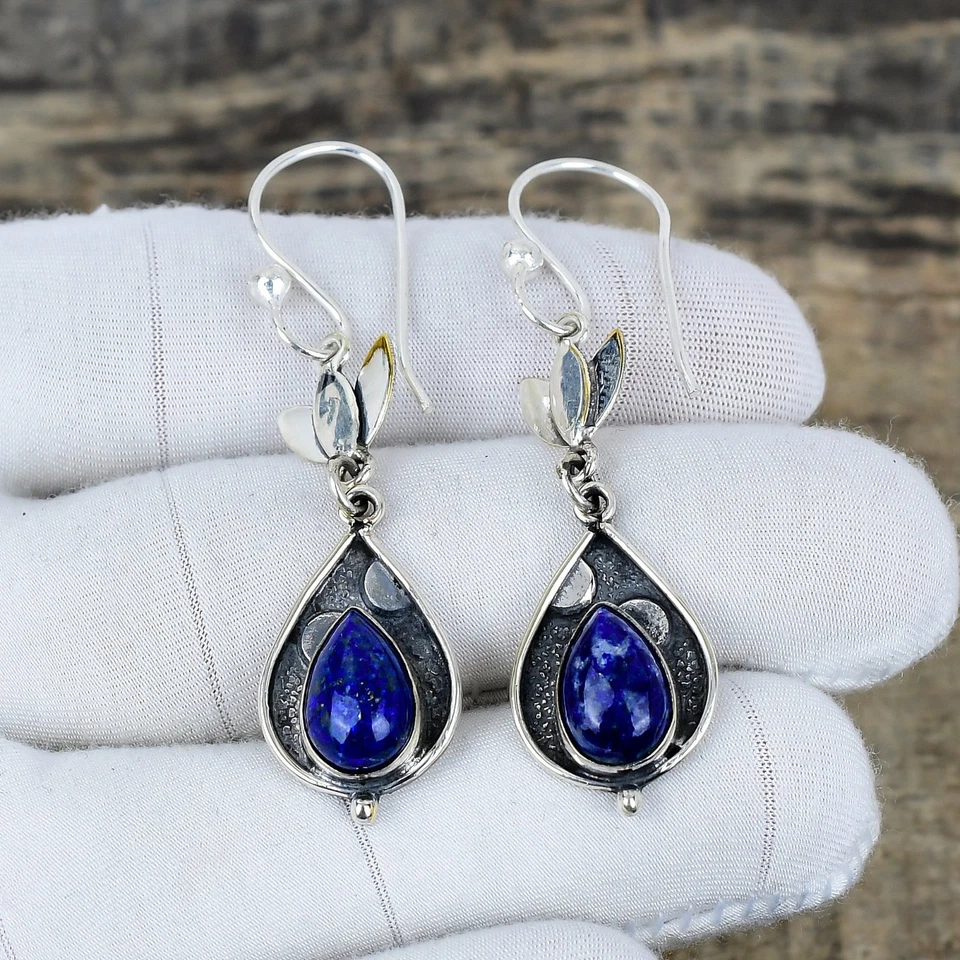 Naturale Lapislazzuli Gemma Orecchini 925 Argento Sterling Fatto a Mano Gioielli - Immagine 3 di 4