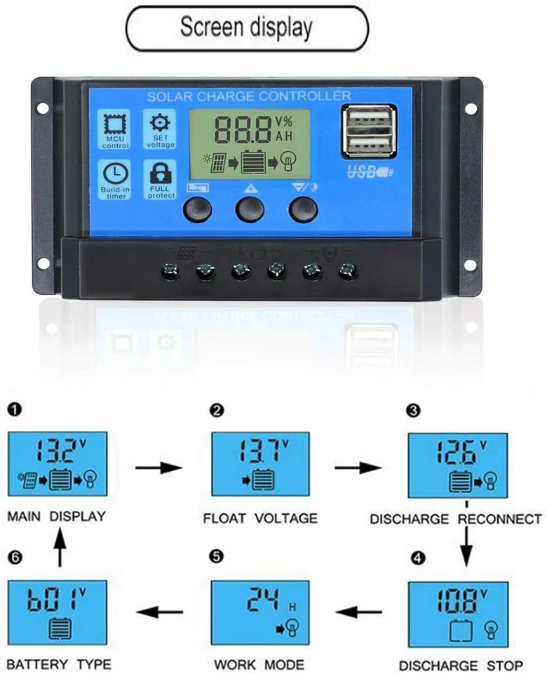 30A PWM Solar Laderegler Charge Panel Controller Regulator Mit USB LCD 12V / 24V - Bild 4 von 4