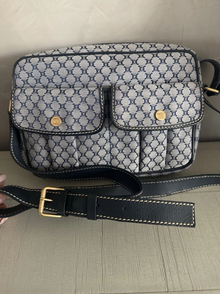 Crossbody Celine Macadam Messenger Bag Canvas /Calfskin Medium Navy Blue/ Grey - Image 3 of 4