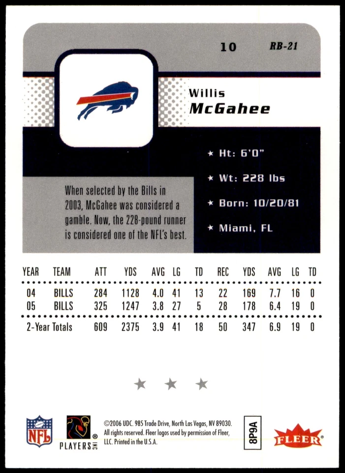 Willis McGahee #10 2006 Fleer - Image 2 of 2