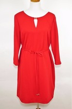 TAHARI Women's 16 Red 3/4 sleeves textured shift dress with belt knee length