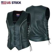 Women s Black Leather Motorcycle Vest Rhinestone Biker Bling Vest side laces