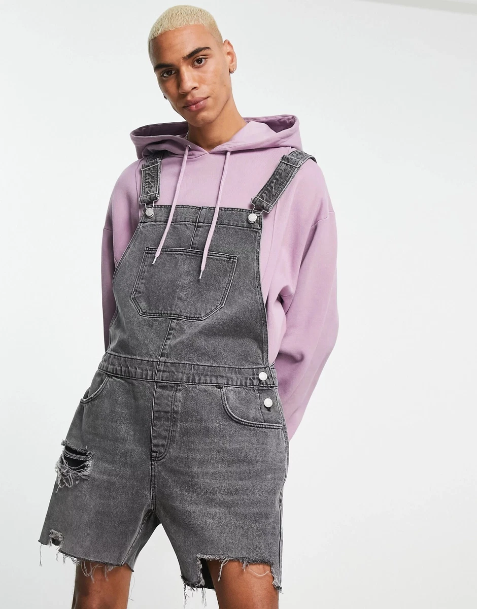 Asos Design Short Denim Dungaree with Thigh Rips Washed Black