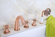 Red Copper Cross Handles 5 Hole Install Bathroom Roman Tub Faucet w/ Hand Shower