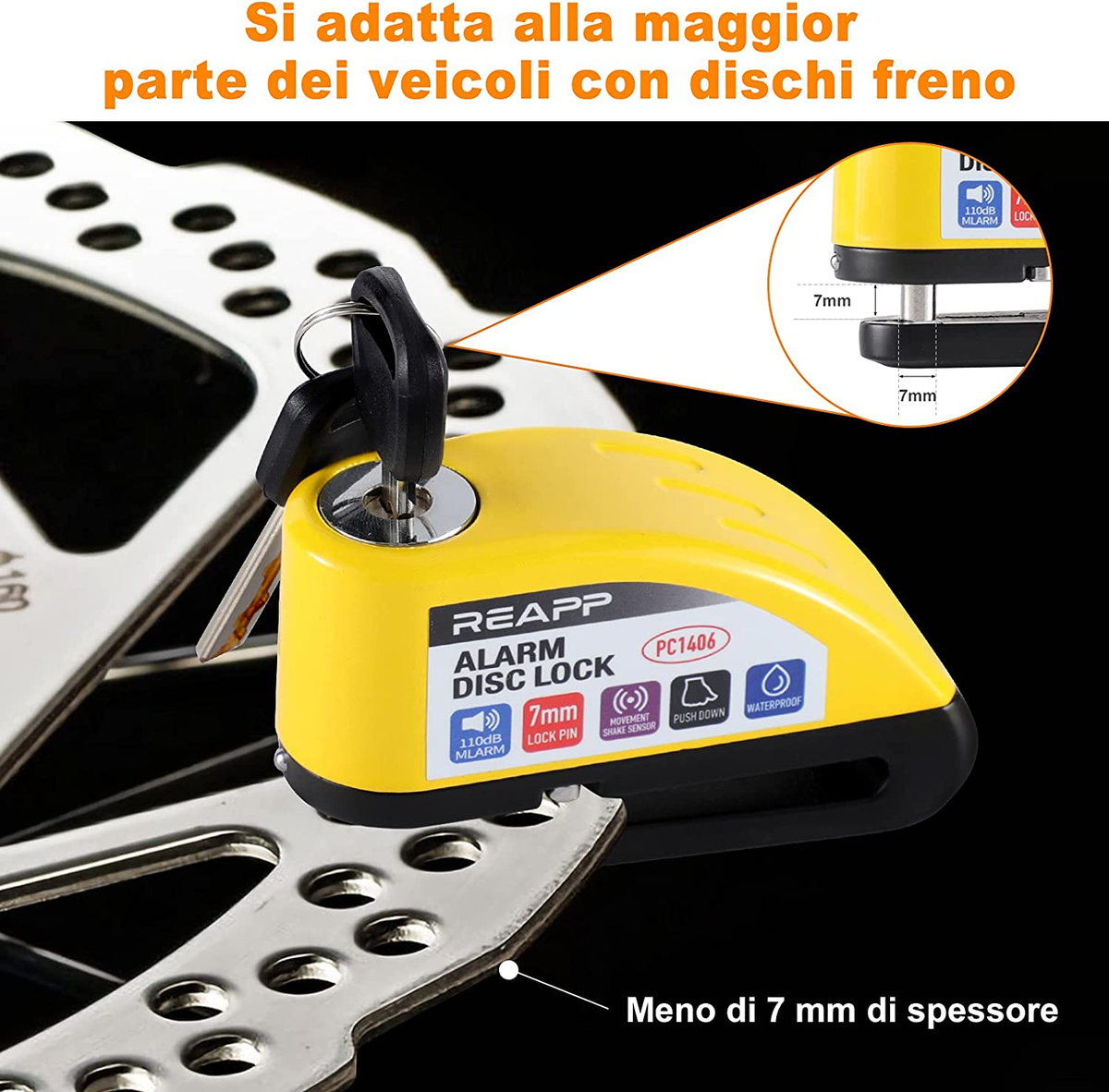 Lucchetto Antifurto Per Moto Con Allarme 110DB - Bloccadisco Impermeabile Da 7mm Con Cavo Promemoria 1.5m Per Bici E Scooter - Foto 8