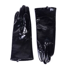 30cm Men's Real Leather Patent leather Shiny Black Punk Gauntlet Mid-long gloves