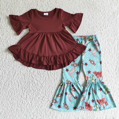 Western Baby Cowgirls Boutique Outfit Highland Cow Cactus Bell Bottom Pants Set