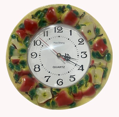 Decorative Apples Wall Clock, Round Quartz Kitchen Clock with 3D Fruit Design