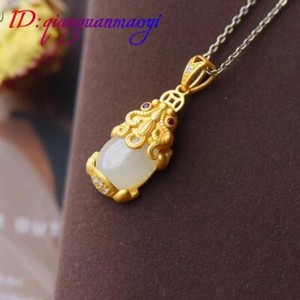 Authentic Natural Jade Pixiu Pendant Necklace Real Jewelry 18K Gold Plated Amulet