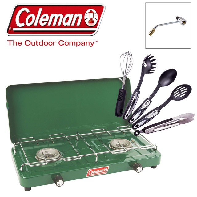 Coleman Compact 2 Burner Stove Gas Cooker Camping 5 Piece Utensils Cook