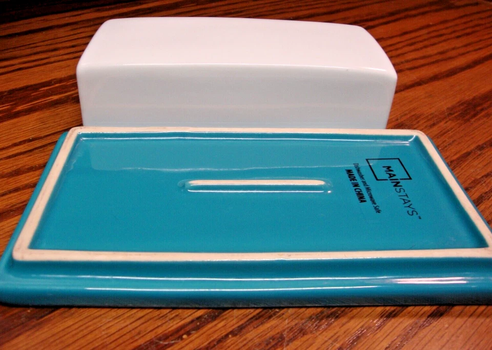 Mainstays White & Teal Covered Butter Dish Ceramic 7x3.75x2.25" Tabletop     W21 - Image 4 of 4