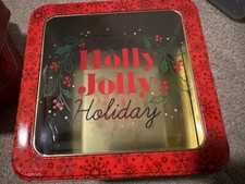 Square Christmas Cookie Tin With Window (4 Pack, 7.5 in) Holly Jolly Holiday