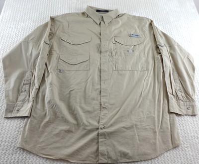 Columbia PFG Men's Large Tan Cotton Long Roll Tab Sleeve Vented Fishing shirt