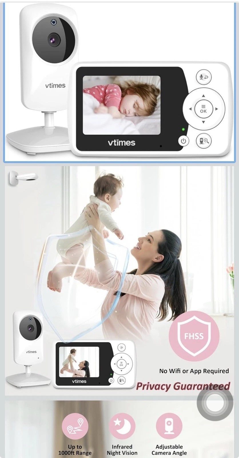 VTimes VT31 2.4GHz Digital Wireless Video Baby Monitor 2.4" TFT LCD Screen Open