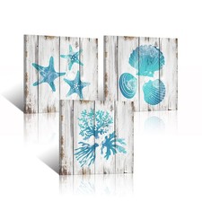 Beach Bathroom Decor Teal Coral Starfish Seashell Picture Nautical Bathroom D...