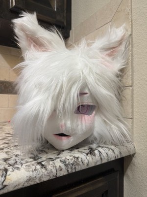 White Furry Kemono Animal Cosplay Mask Petzl Helmet Base Mesh Eyes Open Mouth