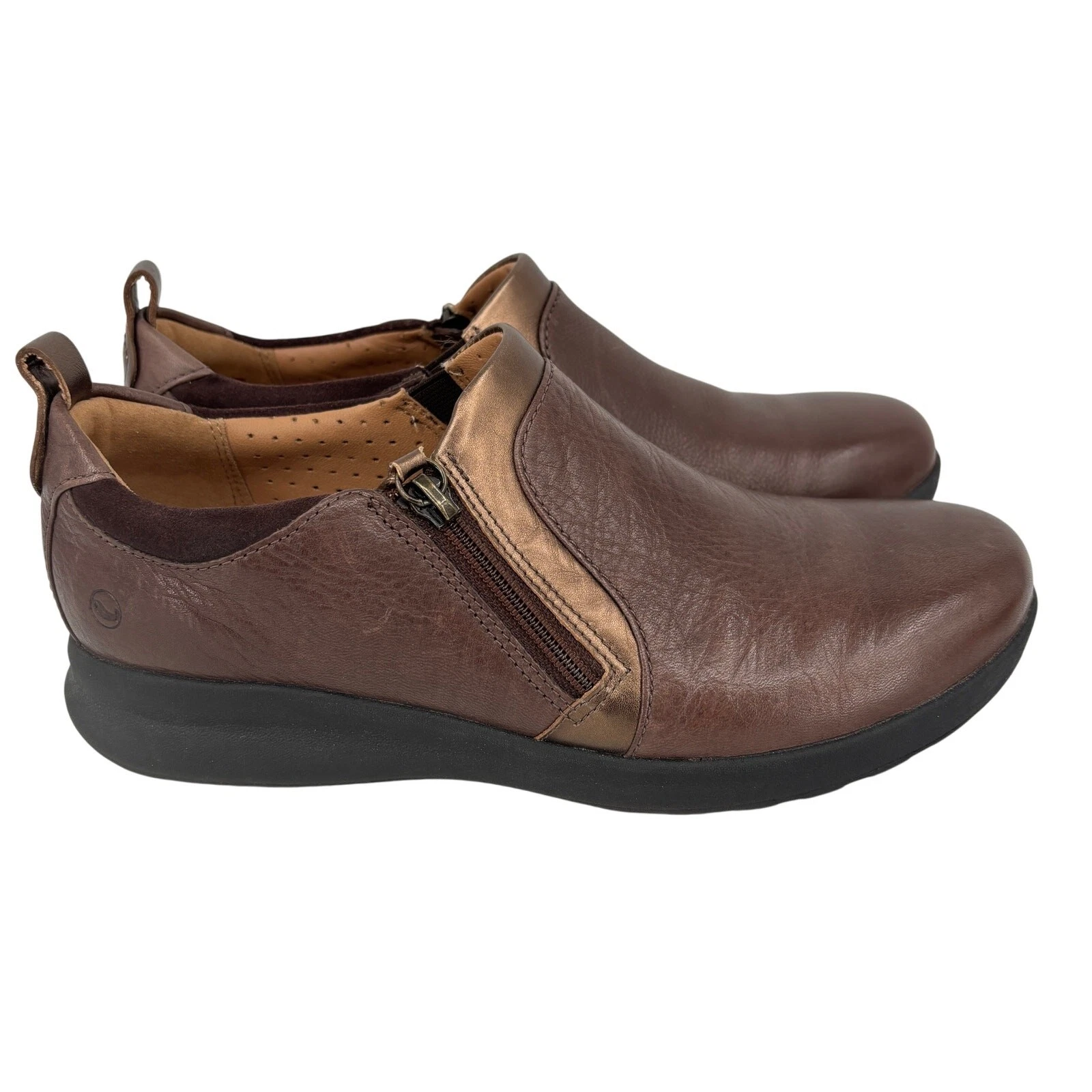 Scarpa mocassino Clarks taglia 8 marrone pelle rame zip laterale antiscivolo comfort