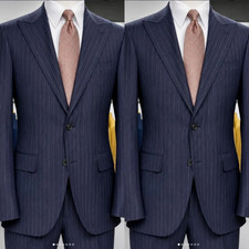 Business Men Suit Striped Navy Blue Peak Lapel Formal Jacket Tuxedo Offical 2Pcs