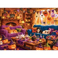 500 Piece Puzzle Adults Cozy Halloween Living Room Kitten Board Game