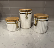 White Ribbed Ceramic Kitchen Canister Set of 3 Wood Lids Gold Clamps Airtight