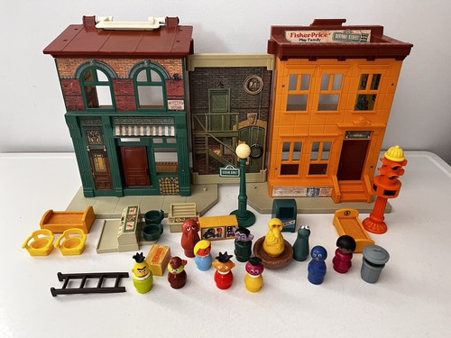 Vintage Fisher-Price Sesamstraße Spielset mit Figuren Fahrzeuge & Zubehör