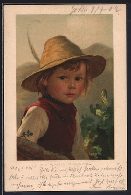Künstler-AK Mizi Wunsch: Studienkopf, kleiner Junge mit Strohhut 1902 