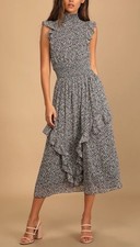 Lulus Fairy Whimsy Goth Evalina Black Floral Midi Dress XS Mock Neck Smocked
