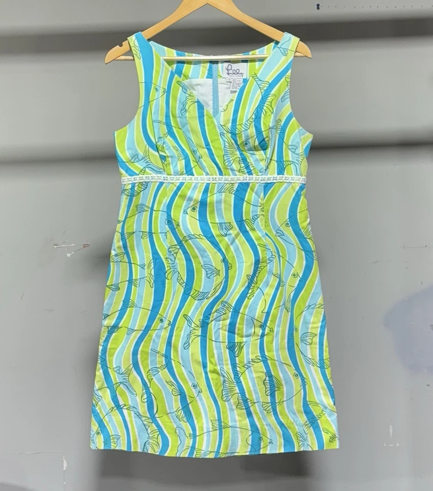 Винтажное женское платье Lilly Pulitzer размер 8 зеленое в полоску с рыбьим принтом без рукавов - Изображение 4 из 4