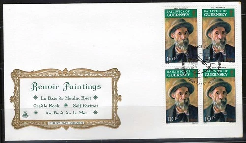 1¢ WONDER'S ~ RENOIR PAINTINGS SELF PORTRAIT TOPICAL GUERNSEY BLK4 FDC 1974 ~F17
