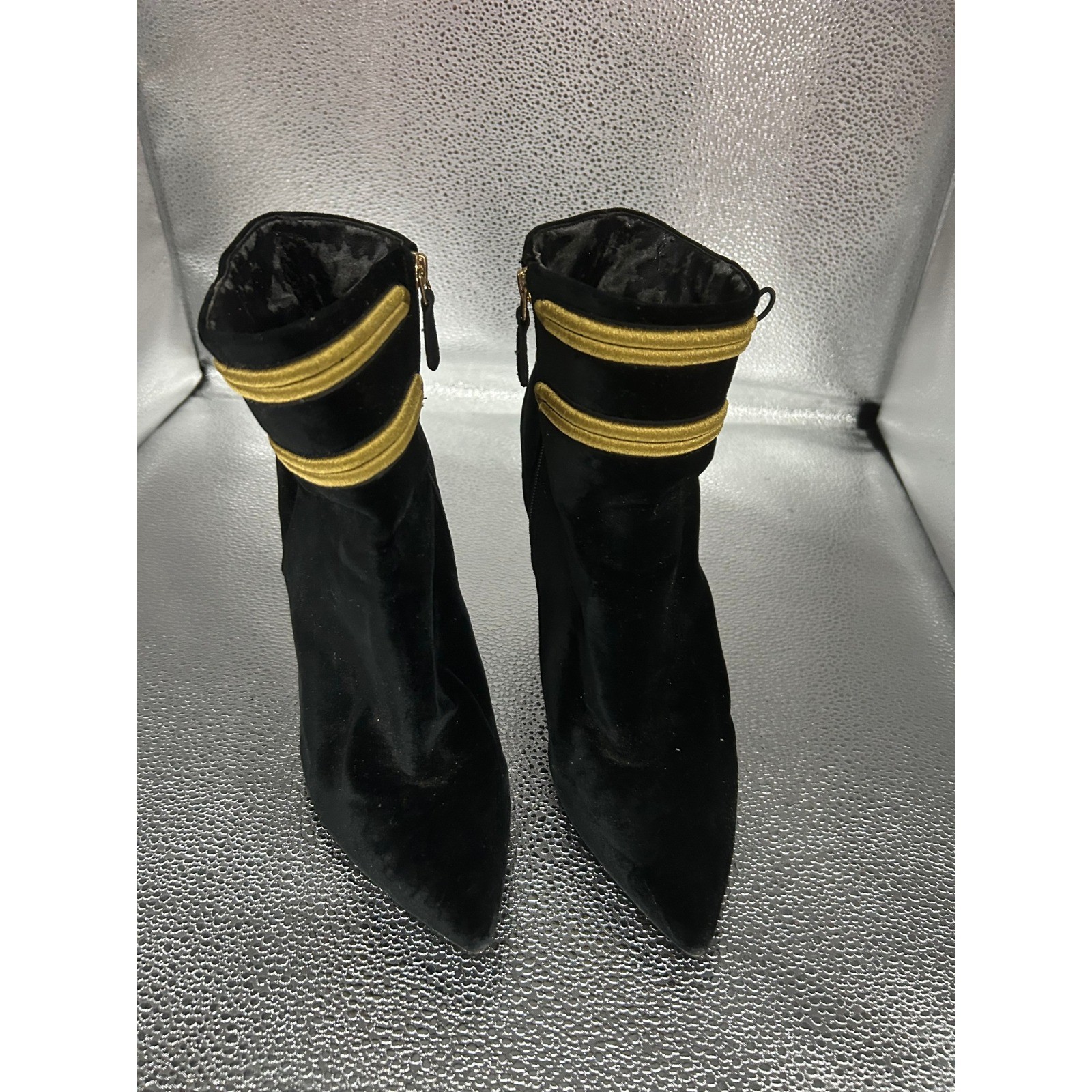 Black Velvet Ankle Boots Gold Military Trim Pointed Toe Stiletto Heel Booties