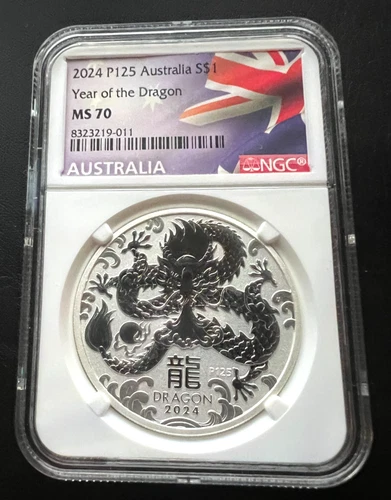 *2024 P125 Australia Year of the Dragon Silver Coin NGC MS70. Cert# 83232119-011