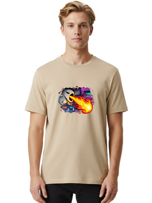 Flaming-Ghost Mens Graphic Tee, 100% Cotton, Casual Summer Wear