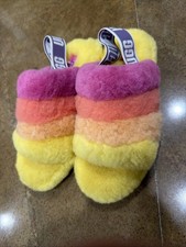 UGG Fluff Yeah Slide UGGPLUSH Real Australia Lamb Fur Slippers Rainbow US7 EU38