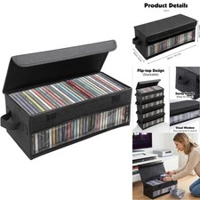 CD Storage Box Organizer with Handles Clear Window Fits 32 CDs Stackable Black