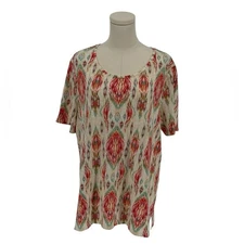 Chico's Tan, Red, & Blue Patterned Short Sleeve Tee (Size 2)