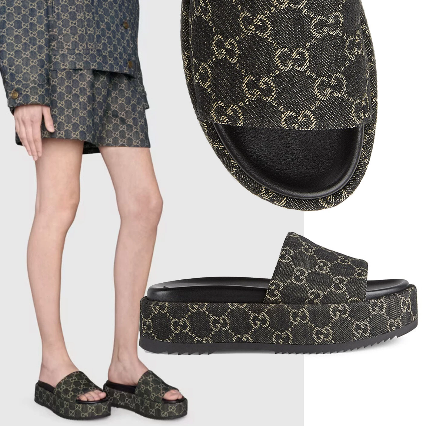 CHAUSSURES GUCCI ANGELINA GG SUPREME NOIR DENIM PLATEFORME SLIDE taille 38,5 8,5